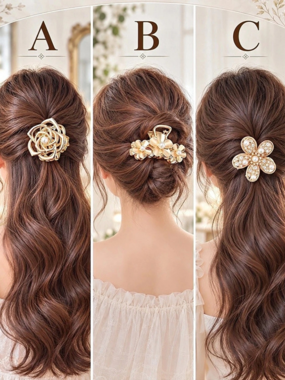 Floral Hair Clip Set in Gold & White NWT